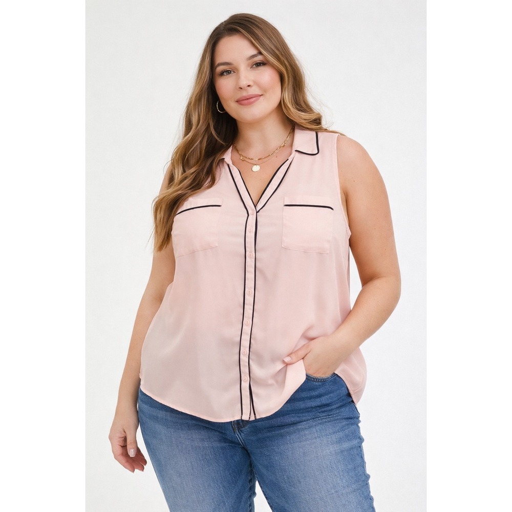 Torrid Sleeveless Blouse Women 2 Pink Contrast Piping Button Up Pocket Office
